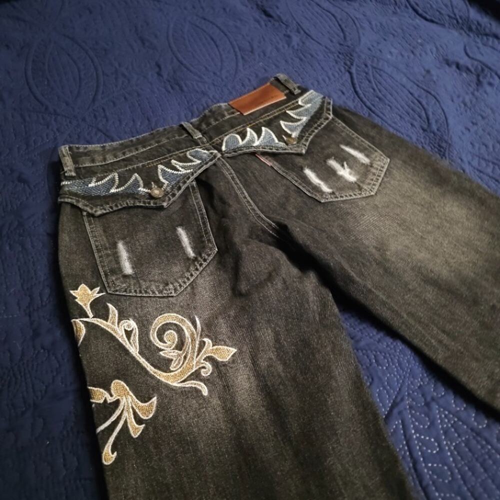 Embroidered Flare Jeans Charcoal Wash Button Flap Pockets W28 Good Condition - Picture 5 of 8